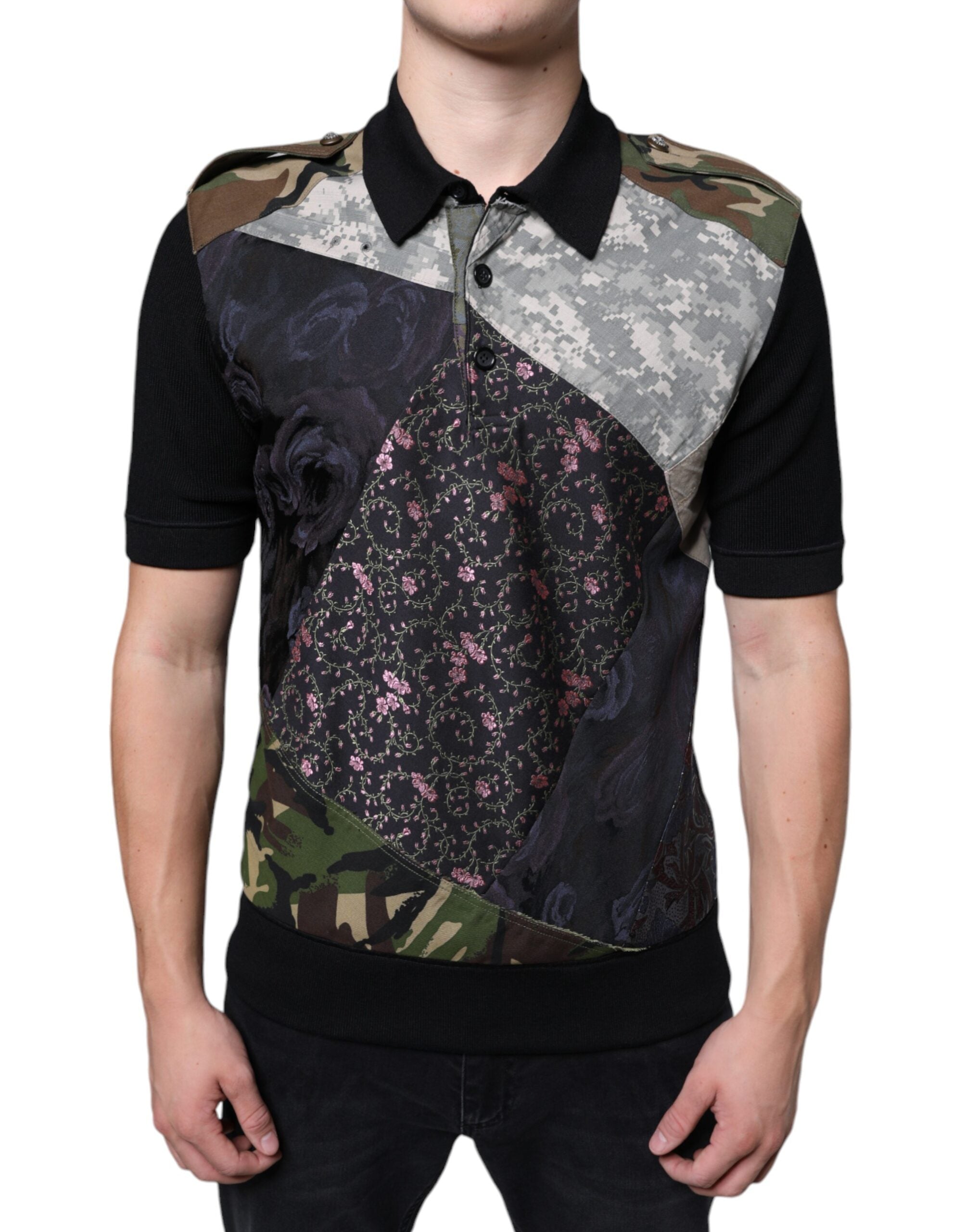 Dolce & Gabbana Mehrfarbiges Polo-T-Shirt aus Seide mit Camouflage-Patchwork