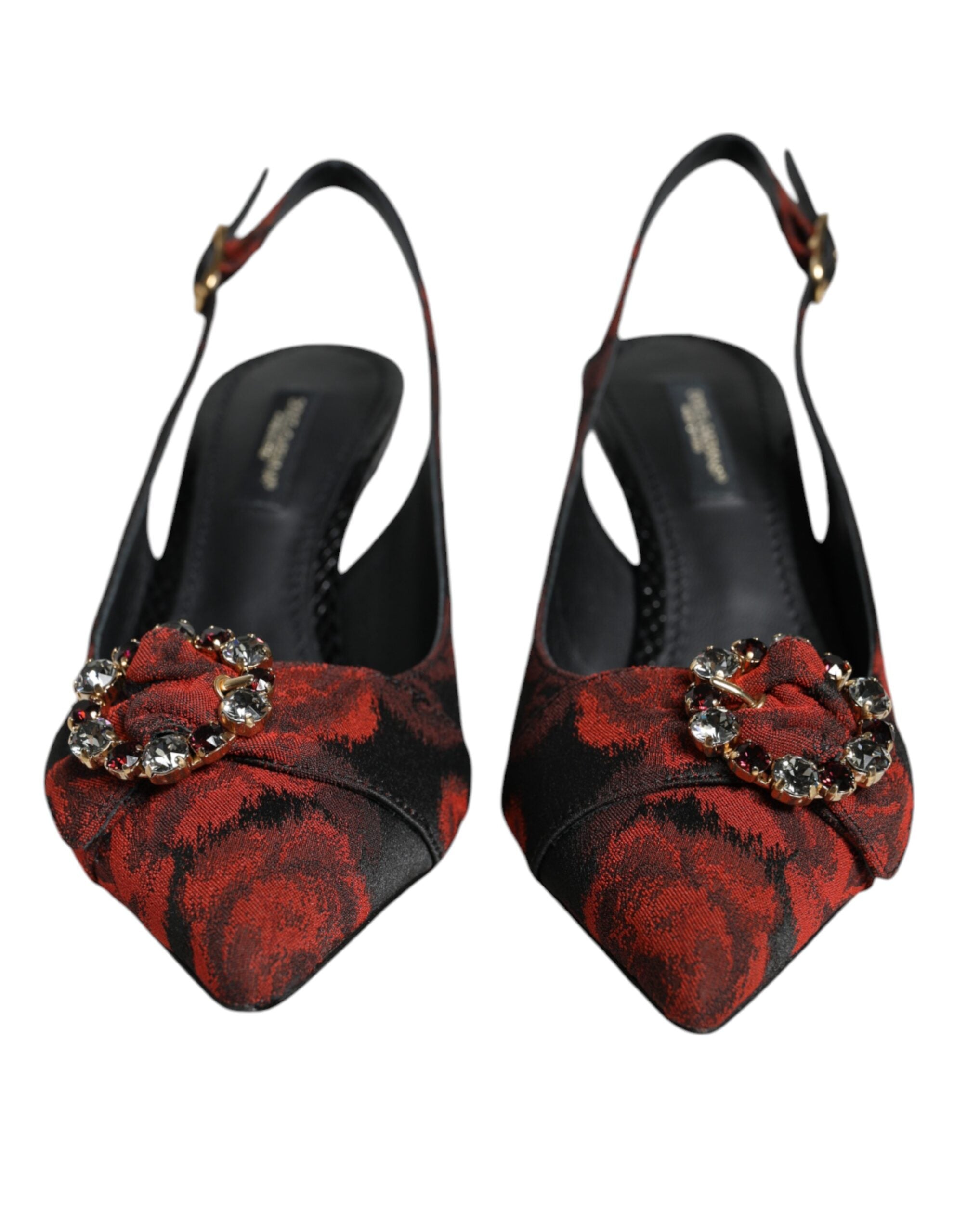 Dolce & Gabbana – Slingback-Schuhe mit Blumenmuster und Kristallabsatz in Schwarz und Rot