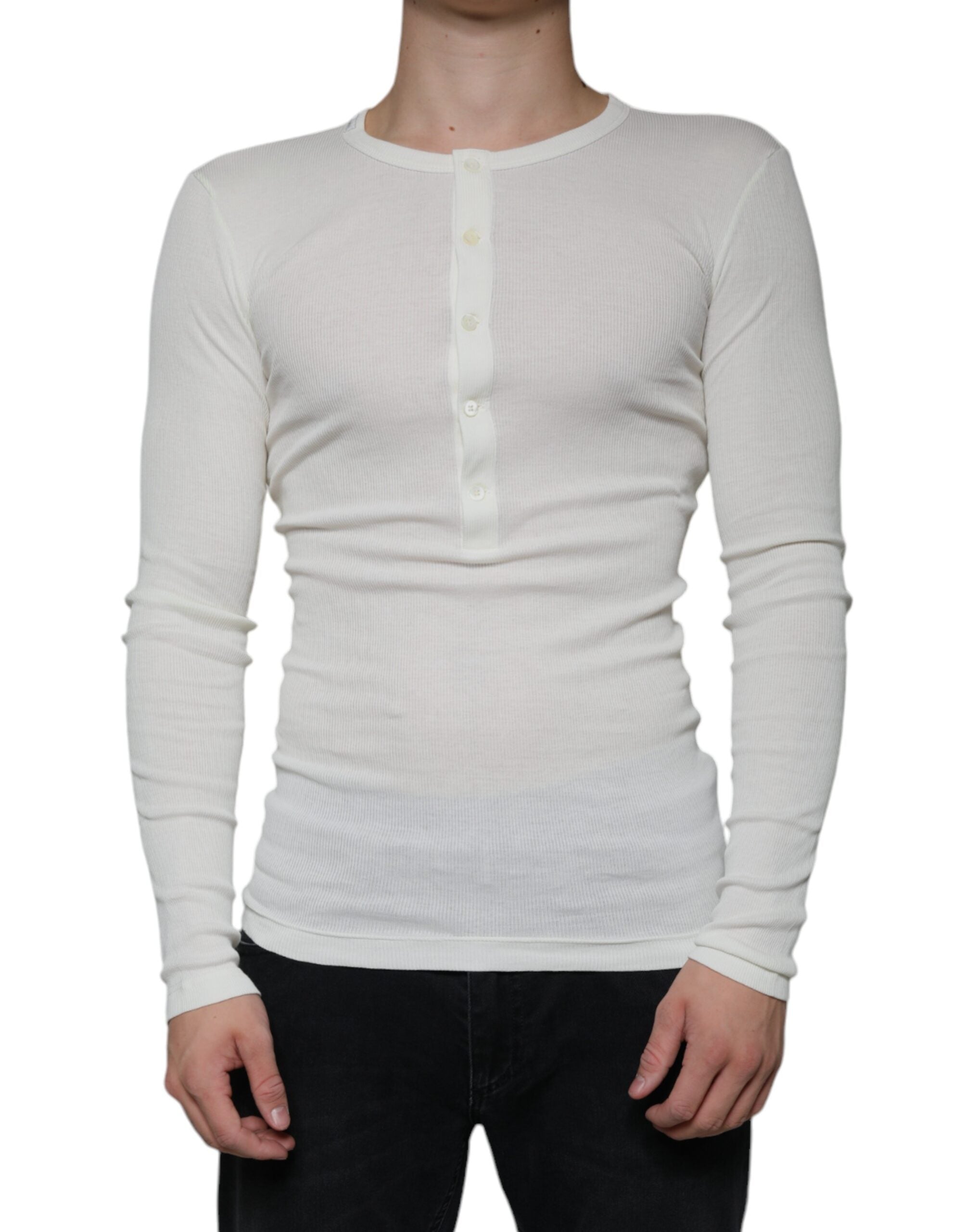 Pull col rond Henley en coton blanc Dolce & Gabbana