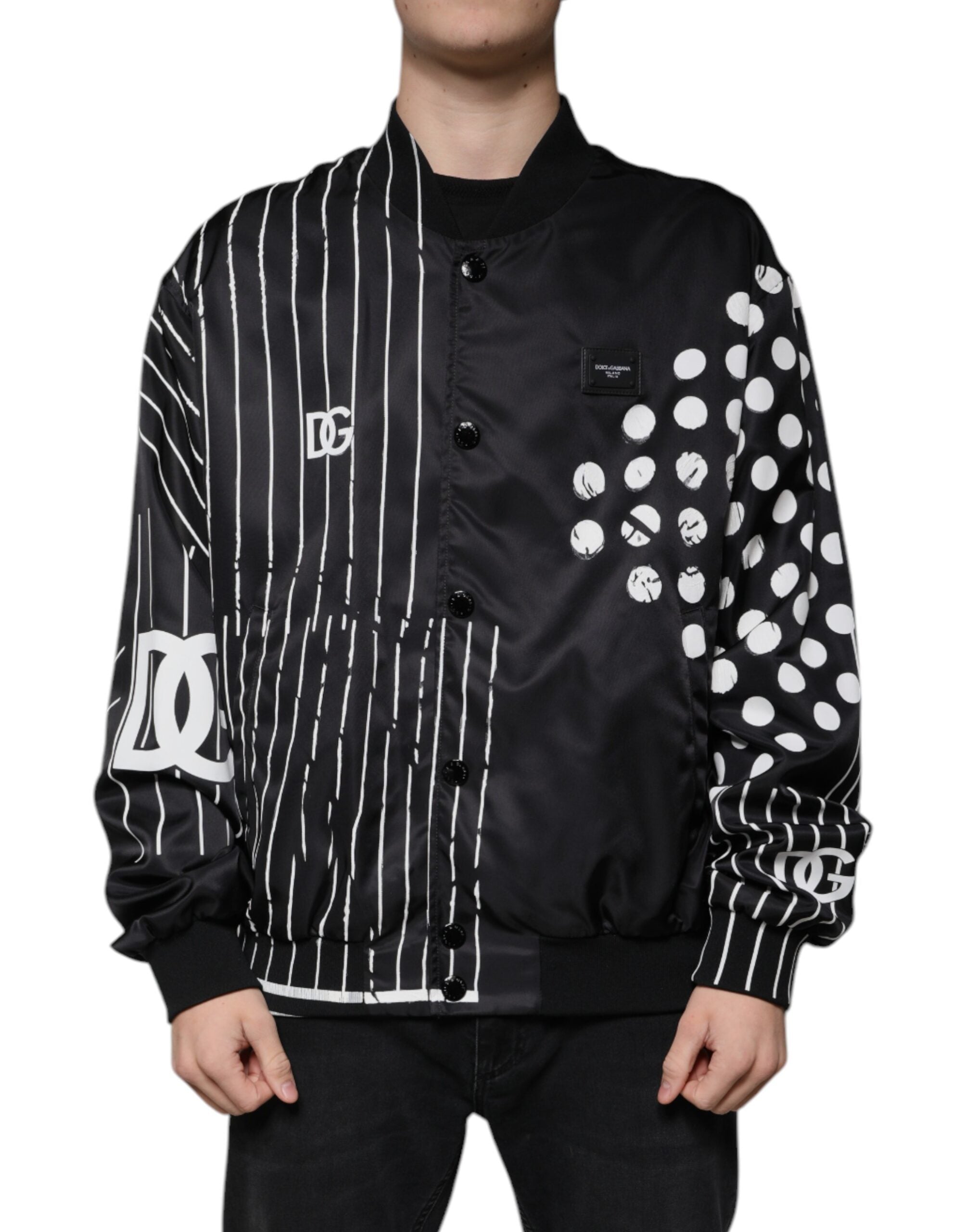 Dolce & Gabbana – Schwarze Bomberjacke aus Nylon mit Tupfenstreifen