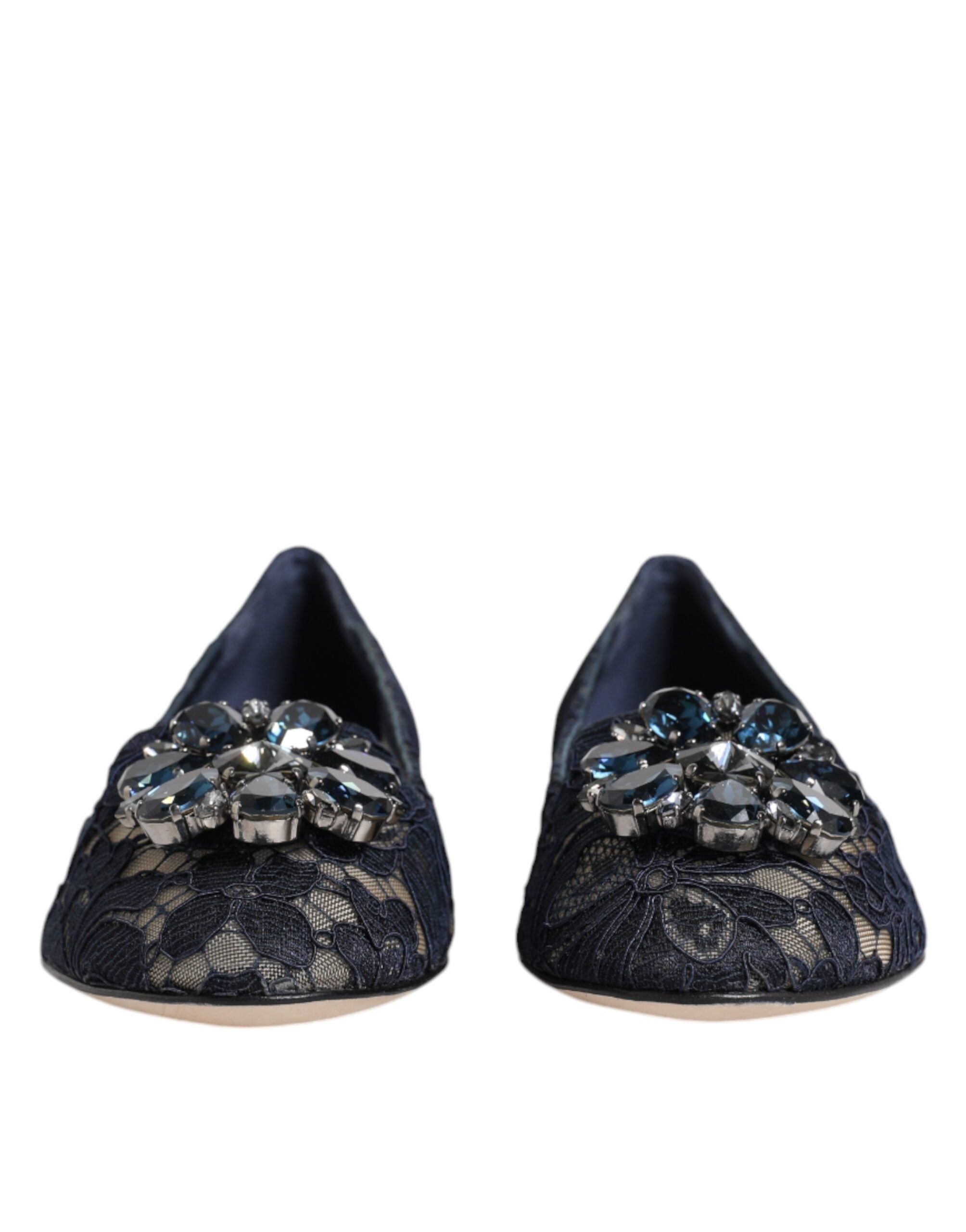 Dolce & Gabbana Blue Taormina Lace Crystals Flats Shoes